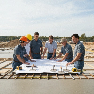 Local concrete experts discussing project plans on a construction site, with blueprints and tools visible, no text, no words, no typography, no labels, clean image
