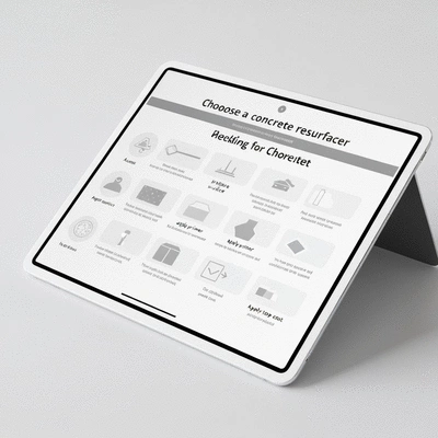 Digital checklist or infographic for choosing a concrete resurfacer, with icons representing different steps like 'assess surface' and 'request quotes'