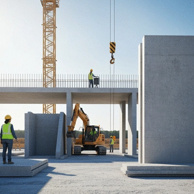 Modern construction site utilizing sustainable concrete materials, with workers and machinery, bright and clean