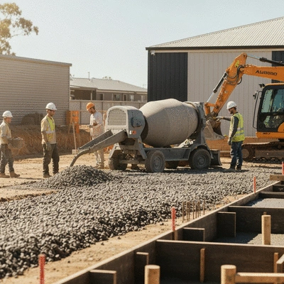 Construction site with recycled aggregates and low-carbon cement being used