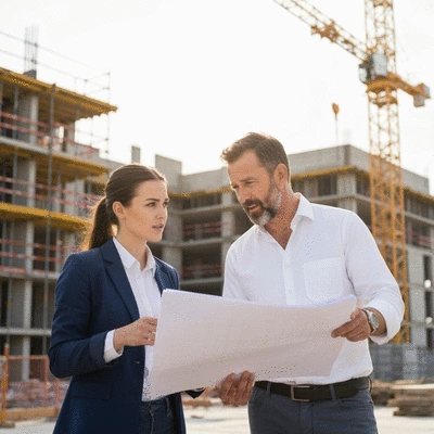 Professional contractor discussing project plans with a client on a construction site, no text, no words, no typography, clean image