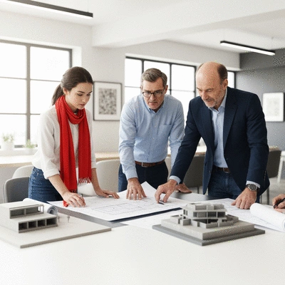 Architects and engineers reviewing sustainable concrete project plans, with blueprints and models, bright and clean
