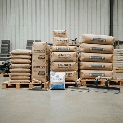 Various concrete supplies for residential and commercial projects, arranged neatly