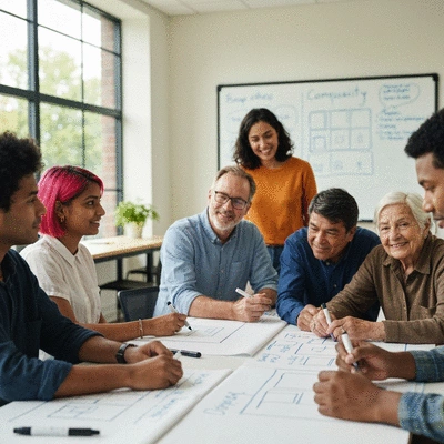 Diverse group of people in a community workshop discussing sustainable building practices, no text, no words, no typography, 8K