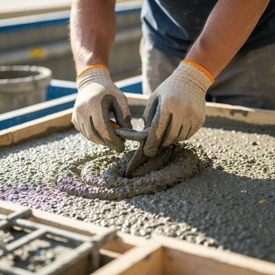 Close-up of hands mixing sustainable concrete with recycled aggregates, no text, no words, no typography, 8K