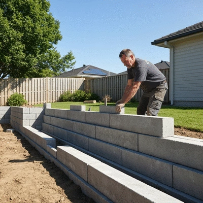 Professional installing concrete sleeper retaining wall