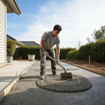 Concreter working on a residential project, pouring concrete for a driveway or patio