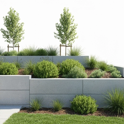 Beautiful garden with concrete sleeper retaining wall and native plants