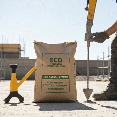 Selection of concrete tools and samples of eco-friendly concrete solutions