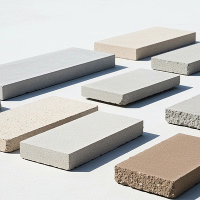 Various concrete samples in different finishes and colors on a construction site, no text, no words, no typography, clean image