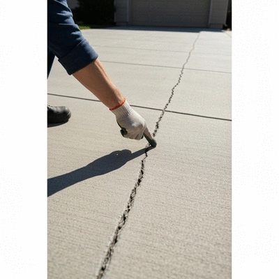 Concrete driveway being inspected for cracks with a person's hand pointing at a small crack, clean and bright background