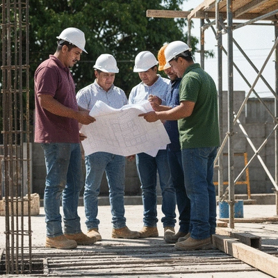 Local contractors discussing concrete project on-site with blueprints, bright sunny day, clean image